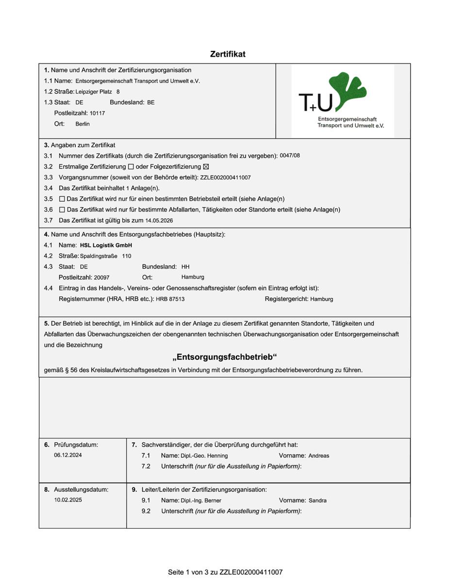 Überwachungszertifikat Entsorgungsfachbetrieb 2025