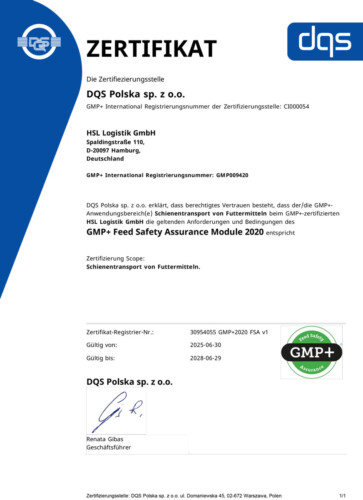 Certificate GMP+2020 FSA HSL Logistik 2025